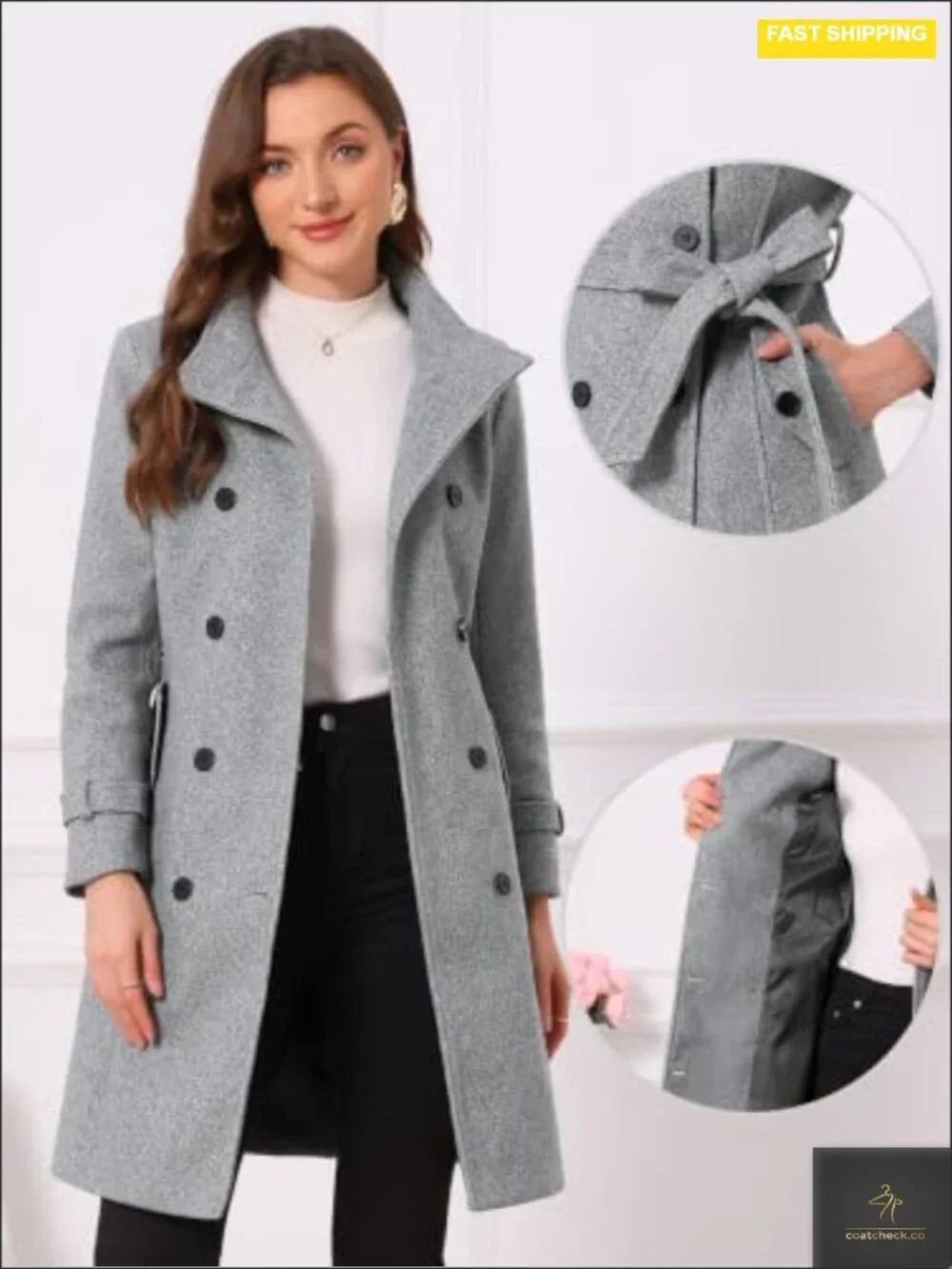 Women's Double-Breasted Wool Pea Coat Winter Overcoat with Pockets
